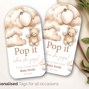 20 etichette regalo personalizzate per baby shower "Pop it When She Pops" Boho Bear, orsacchiotto neutro beige 209