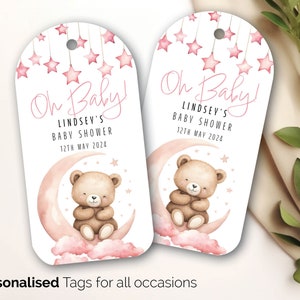 18 X Etichette regalo personalizzate per baby shower Oh Baby, Boho Bear, Orsetto di peluche neutro, Rosa, Regalo per rivelare il sesso del nascituro, Etichette regalo personalizzate per bambina 212