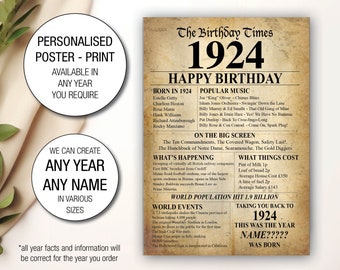 100th 1924 UK Birthday Personalised Present Gift Idea Poster Print The year you were born facts Newspaper style UK 036