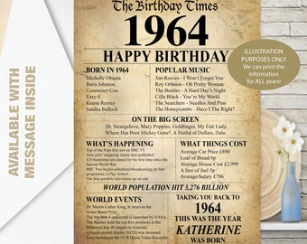 1964 60th Happy Birthday Personalised Memories, Birth Year Facts GREETING CARD Mum dad Sister Mam Son Nanny Vintage Textured effect - 140