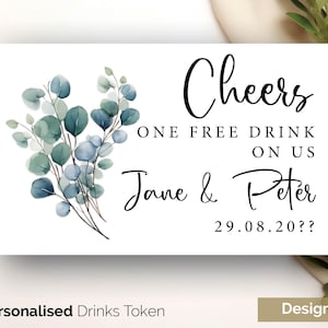 Ficha de bebida de boda personalizada de eucalipto dorado, fichas de recuerdo de boda personalizadas - Fichas de bar de boda Ficha de bebida gratis Tarjeta GLOSS 238