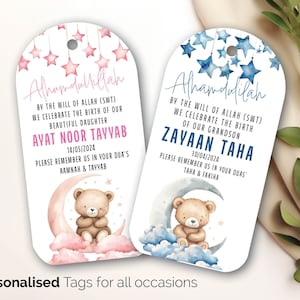 18 etiquetas de regalo personalizadas para celebrar la llegada del baby shower. Alhamdulilah, osito de peluche azul y rosa con amor y Dua. Etiquetas de regalo personalizadas 230