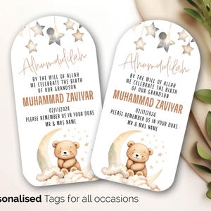 18 etiquetas de regalo personalizadas para celebrar la llegada del baby shower. Alhamdulilah Teddy Bear Neutral con amor y Dua. Etiquetas de regalo personalizadas 230