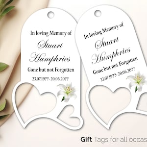 Etiquetas de regalo personalizadas para velas funerarias en memoria de un ser querido Etiqueta de duelo conmemorativa Celebración de la vida Diseño de lirio con cinta 142