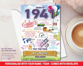 1941 85.º cumpleaños Feliz Recuerdos personalizados Año de nacimiento Datos Hito Mamá Papá Hijo Hija Nan Abuelo Hermana Él Ella Tarjeta de felicitación 199
