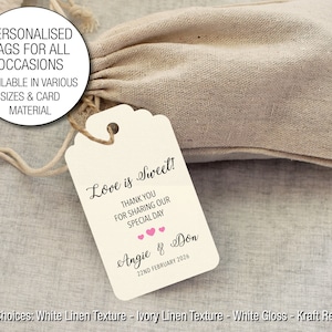 Love is sweet Personalised Wedding Favour Gift Drink Tags with Twine Rustic Vintage finish 3 Sizes Available 4 materials available  79