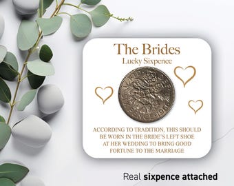 Moneda de boda de novia en tarjeta. Novia de la suerte inglesa. Seis peniques por su zapato. Algo viejo, nuevo, prestado. Azul 49