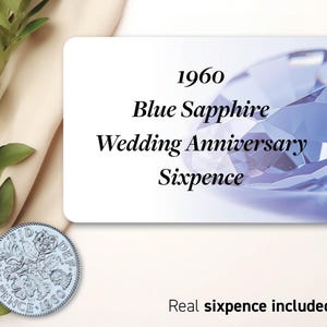Moneda de seis peniques de 1960, regalo de aniversario de bodas con zafiro azul (para tarjeta de aniversario de bodas) - Moneda nostálgica de recuerdo tradicional de 65 años