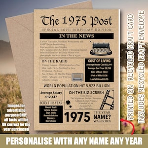 50th Recycled 1975 Personalisierte Geburtstagskarte Jahr Erinnerungen UK Fakten Grußkarte Mum Dad Him Her Son Tochter Freund News 156
