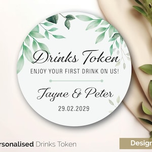 Gepersonaliseerde eucalyptus-token voor bruiloftsdrankjes, aangepaste tokens voor bruiloftsbedankjes - Tokens voor gratis drankjes op ons GLOSS-kaart 237