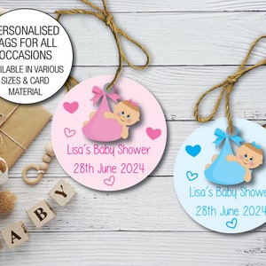 Etichette da appendere personalizzate per bomboniere per baby shower, etichetta circolare carina per bambini, regalo di ringraziamento, etichette regalo per bottiglie di vino rosa e blu per bambino e bambina 52