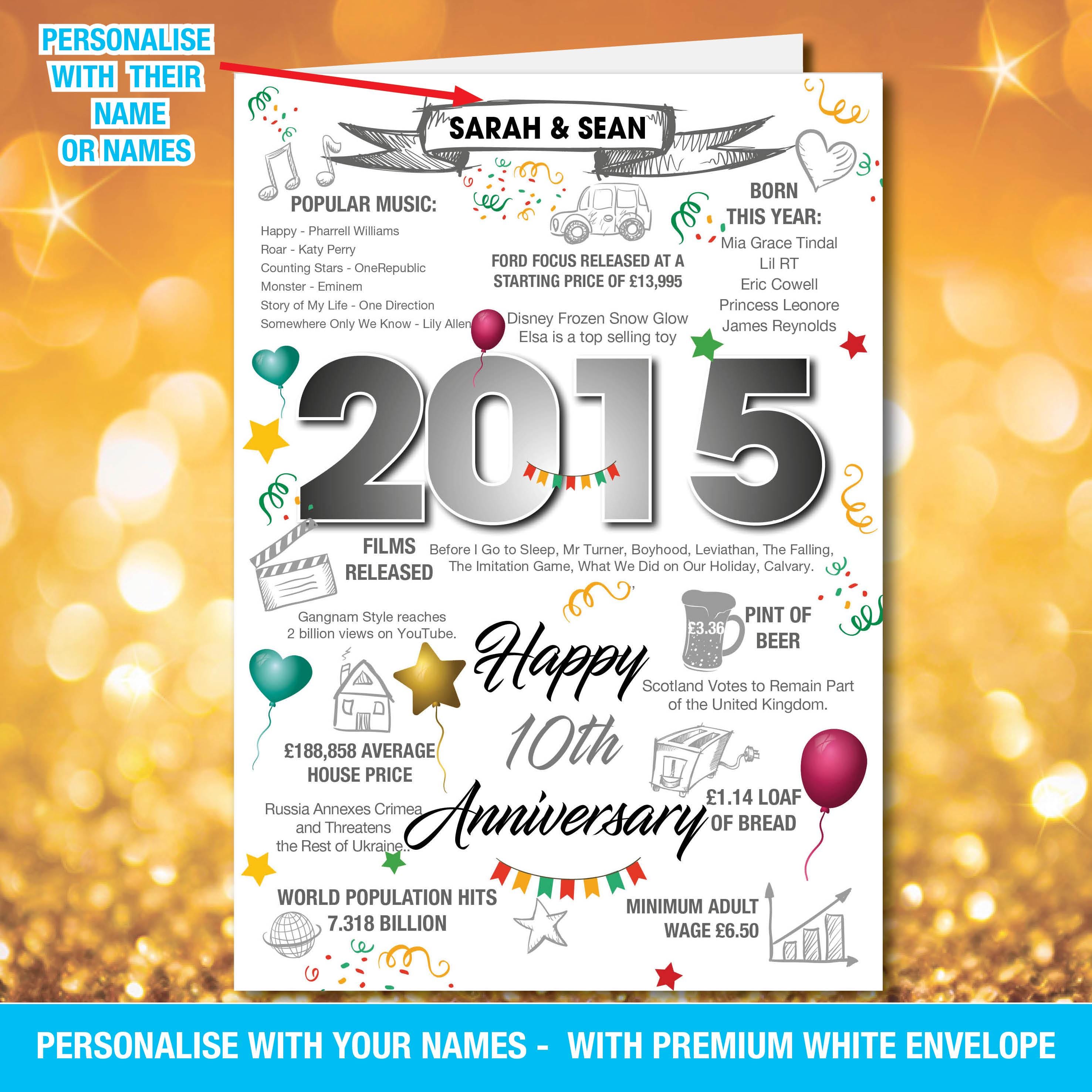 2015 10th Personalised Tin Wedding Anniversary Greeting Card Memories Birth Year Facts Mum Dad Him Her Friend Nan Grandad 197