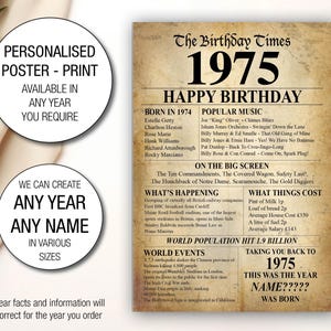 50. 1975 UK Personalisierte Geburtstagsgeschenk Geschenkidee Poster Druck Zurück In Edition Meilenstein Zeitungsstil Das Jahr, in dem du geboren wurdest UK 036