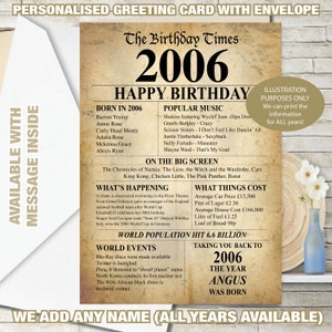 2006 18th Happy Birthday Personalised Memories, Birth Year Facts GREETING CARD daughter Sister Brother Son Vintage Textured effect - 140