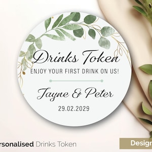 Gepersonaliseerde gouden eucalyptus token bruiloftsdrankje gunst, aangepaste bruiloft gunst tokens - trouwreep tokens gratis drankje token GLOSS kaart 237