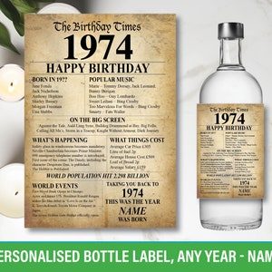 1974 50th Personalised bottle label birthday Year born UK Facts For Wine Gin Vodka Rum Bacardi Whiskey happy Birthday  149