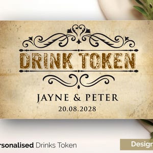 Regalo personalizado de boda en inglés antiguo, fichas de recuerdo de boda personalizadas, fichas de bar de boda, ficha de bebida gratis, tarjeta GLOSS 238