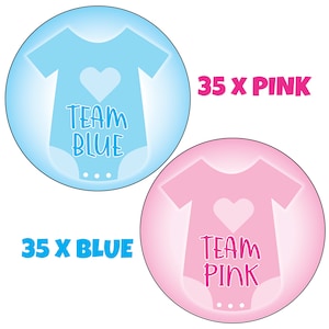 Gender reveal baby shower, 35x Team Girl 35x Team Boy Stickers (70 stickers in total) Pregnant Wife Baby pink and blue  1056