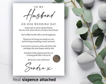 Personalised To My Husband On Our Wedding Day Card Custom Groom Card From Bride Wife To Be Mr & Mrs Wedding Morning, Love Verse, Sixpence 60