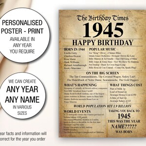 Póster con idea de regalo de cumpleaños personalizado del 80.º aniversario de 1945. Impresión en estilo periódico Milestone. El año en que nació, Reino Unido 036