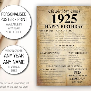 100e anniversaire du Royaume-Uni, 1925, cadeau personnalisé, idée cadeau, impression d'affiche, l'année de votre naissance, faits dans le style journal, Royaume-Uni 036
