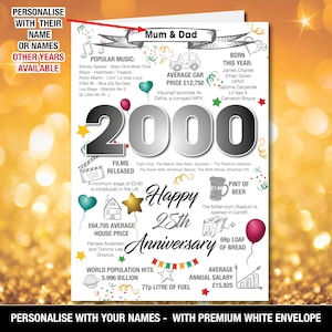 2000 25周年 英国ニュース パーソナライズされた銀婚式 記念日 グリーティングカード 思い出 誕生年 事実 ママ パパ 彼 彼女の友達 祖母 おじいちゃん 197