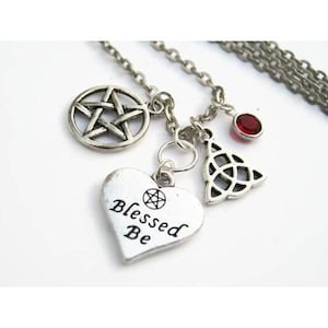 Blessed Be Witch Necklace w Red Ruby and 2 Pendant Charms - Great Gift