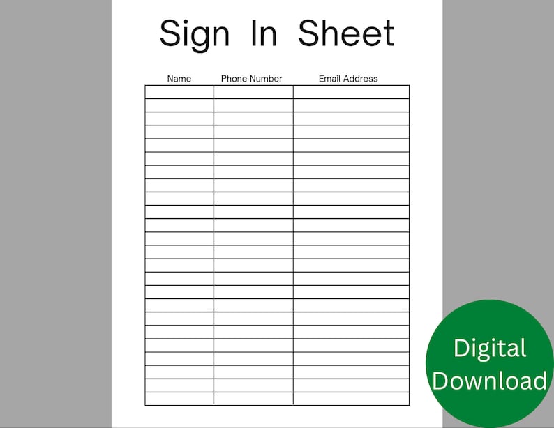Printable Sign in Sheet Digital Download PDF - Etsy Australia