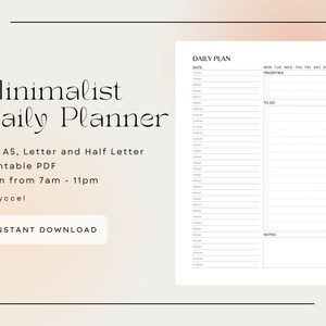 Planificador digital diario minimalista / Lista de tareas pendientes, 3 prioridades principales, horario de 7:00 a 23:00 / Imprimible o en formato PDF de GoodNotes