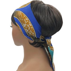 Royal/Khaki African Print Self-Tie Headband, Motorcycle Headband, Scarf