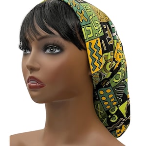 Green African Print Beanie Style Bonnet, Long Beanie, Slouchy Beanie, Beanie Hat