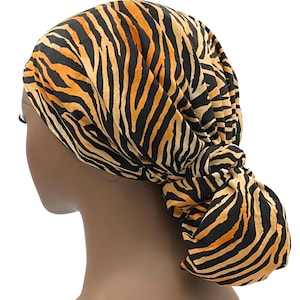 Tiger Stripe Satin or Cotton Lined Bouffant, Bonnet, Scrub Cap, Sleep Cap, Head