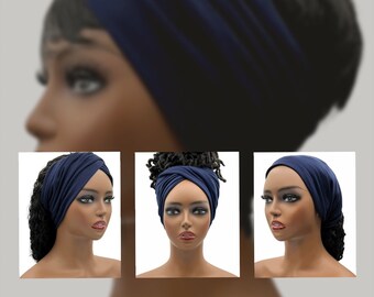 Navy Blue Wide Pull-on Crossover, Turban, Bandana, Boho Headband, Workout Headband, Head Wrap, Head Scarf, Head Covering