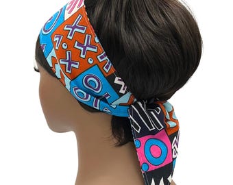 Turquoise African Print Self-Tie Headband, Motorcycle Headband, Head Tie, Scarf