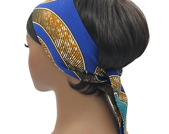 Royal/Khaki African Print Self-Tie Headband, Motorcycle Headband, Scarf