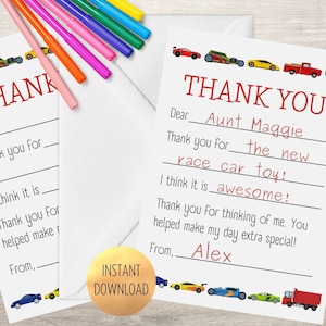 Druckbare Dankeskarten für Kinder, Füllen Sie die Lücken, Rennautos, Lastwagen, Fahrzeuge, Dankeskarten, Sofort Download