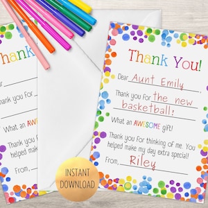Cartes de remerciement imprimables pour les enfants, remplissez les blancs, cartes de remerciement arc-en-ciel colorées, téléchargement immédiat