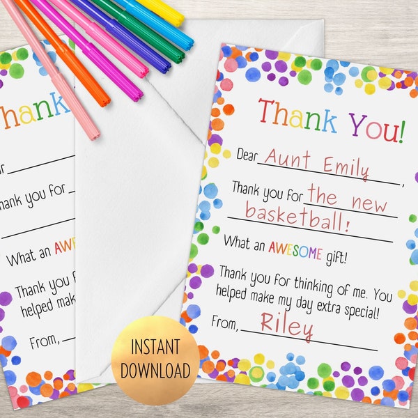 Printable Thank You Cards for Kids, Fill in the Blanks, Colorful Rainbow Thank You Cards, Instant Download