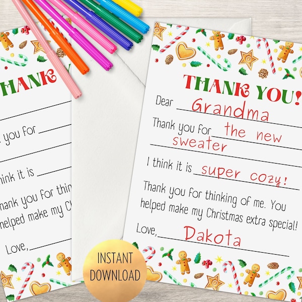 Printable Christmas Thank You Cards for Kids, Fill in the Blanks, Thank Yous for Girls and Boys, Gingerbread, Candy Canes, Instant Download