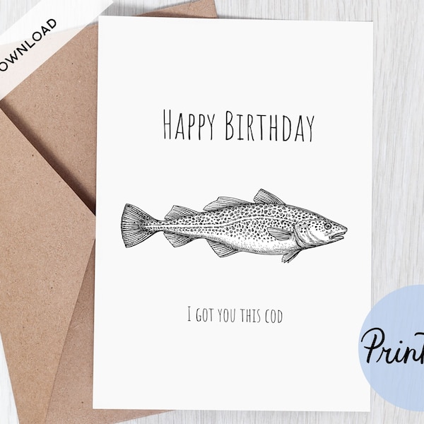 Happy Birthday Card, Printable, Funny Birthday Card, Fishing, Fish Birthday Card, Birthday Card for Dad, Card for Husband, Instant Download