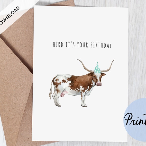 Printable Birthday Card, Funny Birthday Card, Cowboy, Cowgirl, Rancher, Cattle, Cow Birthday Card, For Him, For Dad, Instant Download