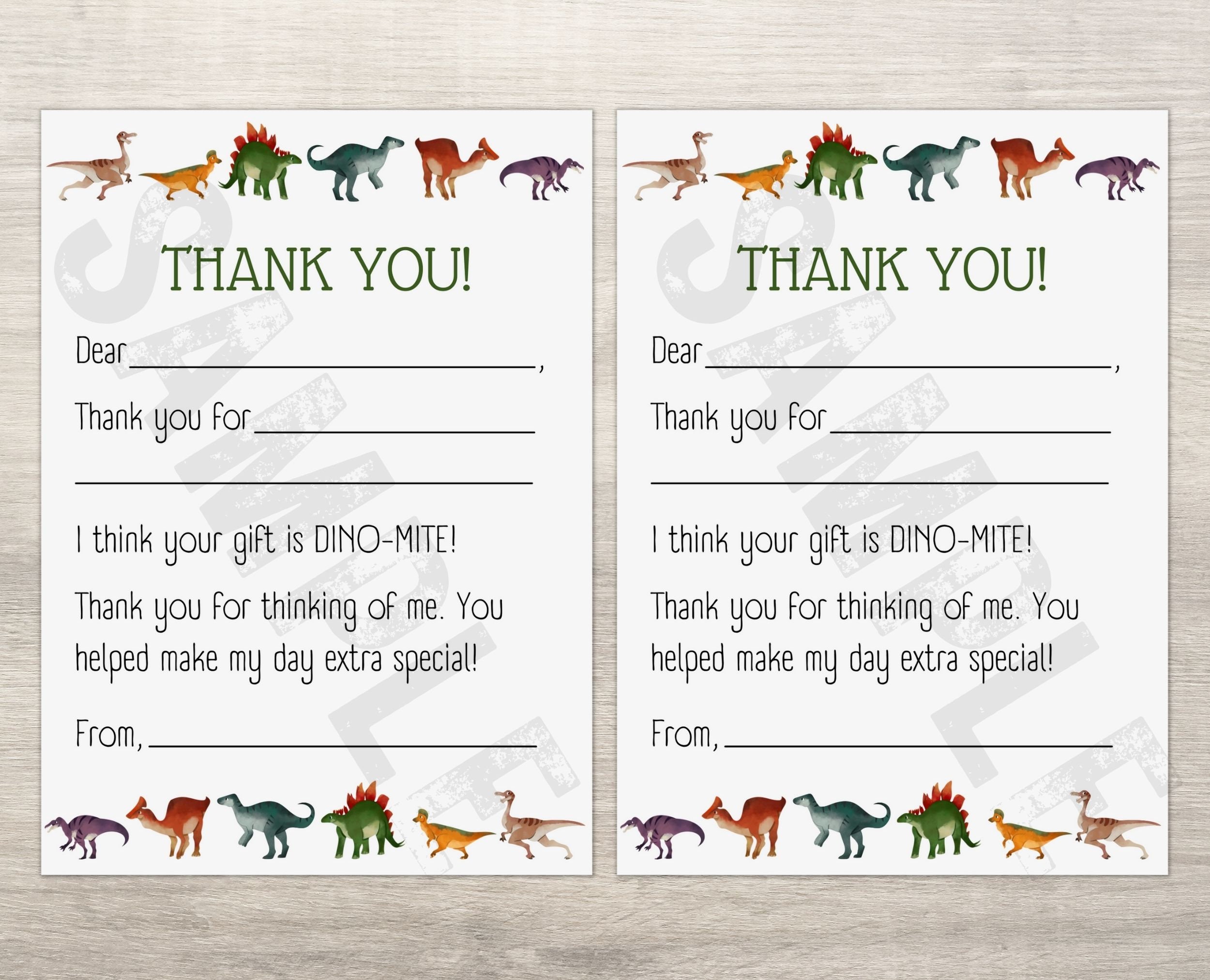 Printable Dinosaur Thank You Cards for Kids, Fill in the Blanks