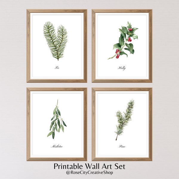 Winter Botanicals Printable Wall Art Set of 4, Minimalist Christmas Wall Art, Modern Holiday Prints, Watercolor, Instant Download