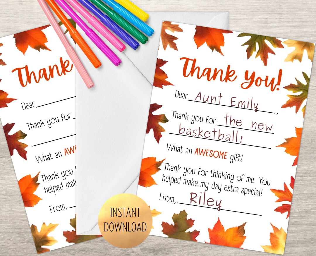 Printable Thank You Cards for Kids, Fill in the Blanks, Fall Leaves ...