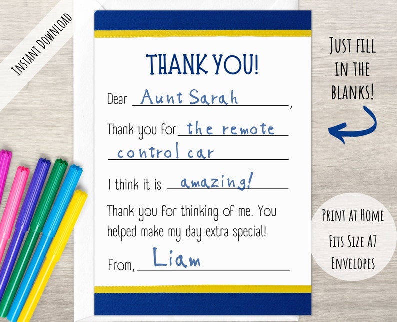 Printable Thank You Cards for Kids Fill in the Blanks Blue - Etsy México