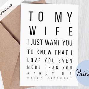 Cartão de aniversário para impressão para esposa, cartão engraçado e rude, te amo mais, cartão de aniversário sarcástico, do marido, download instantâneo
