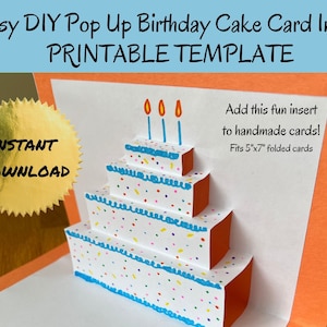 Gâteau pop-up de carte d'anniversaire imprimable, s'adapte à 7 x 5 dans les cartes pliées, modèle de carte pop-up facile, carte d'anniversaire bricolage, téléchargement immédiat