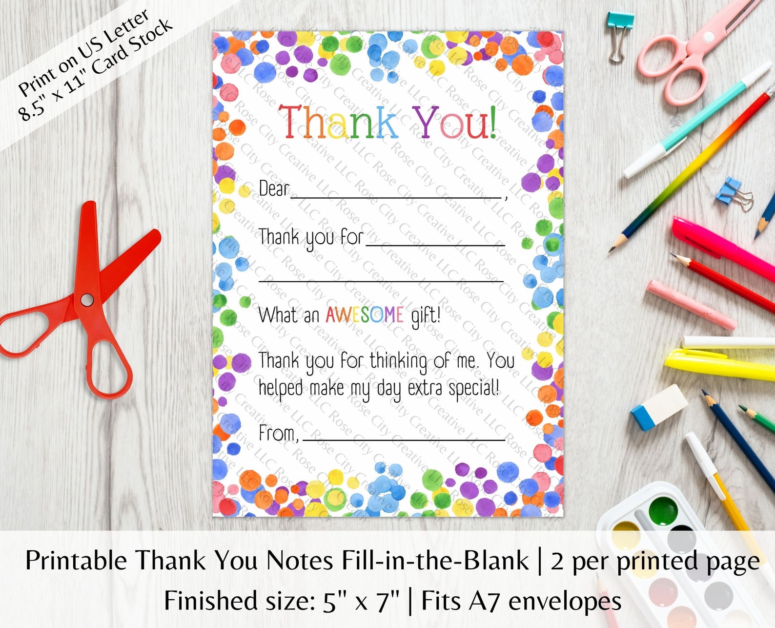 Printable Thank You Cards for Kids, Fill in the Blanks, Colorful Rainbow Thank You Cards ...
