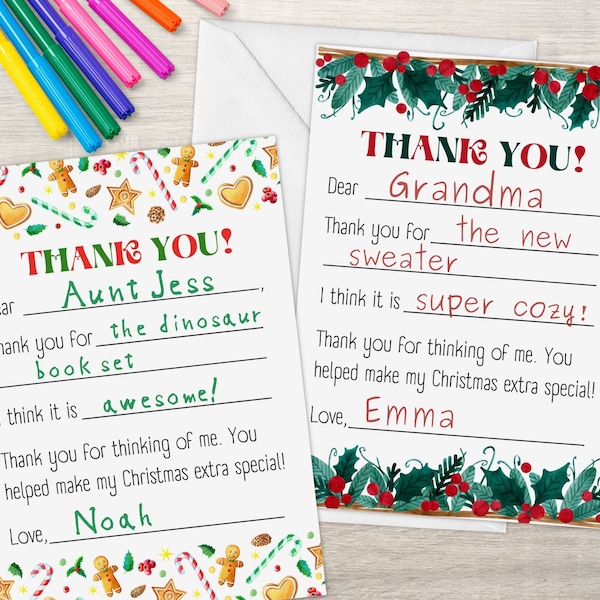 Printable Christmas Thank You Cards for Kids, Fill in the Blanks, Holiday Thank You Cards Set of Two for Boys and Girls, Instant Download