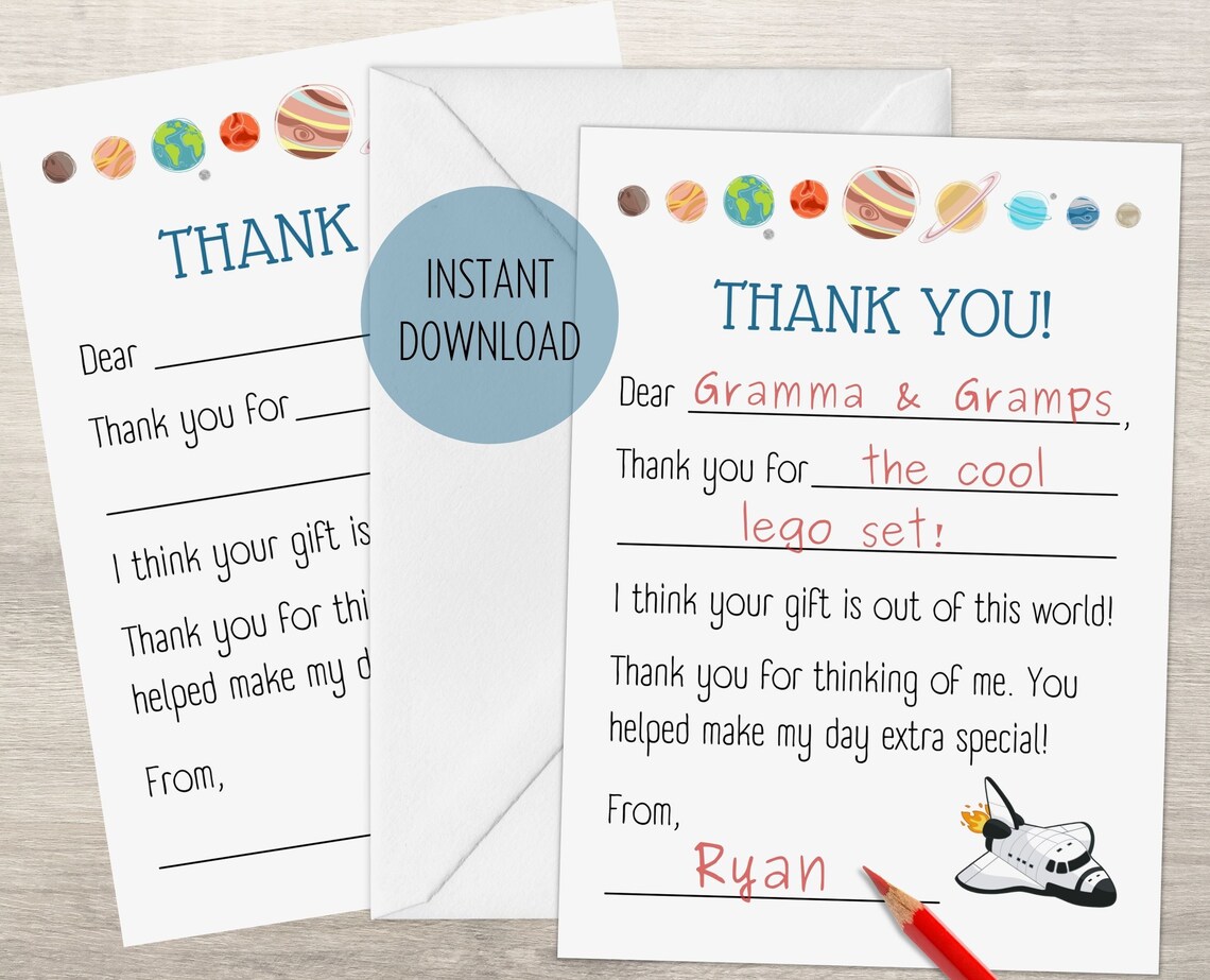 Printable Thank You Cards for Kids, Fill in the Blanks, Stars, Planets, Space Shuttle, Space ...